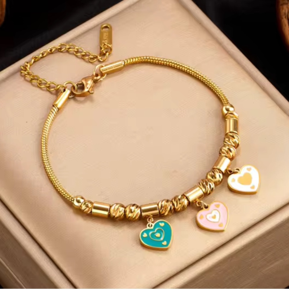 Three Enamel Heart Charm Bracelet, Gold Plated Stainless Steel